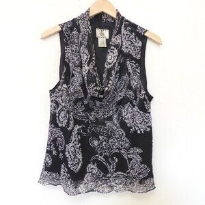 2000s Y2K Ice black and cream paisley beaded cowl neck tank top size large